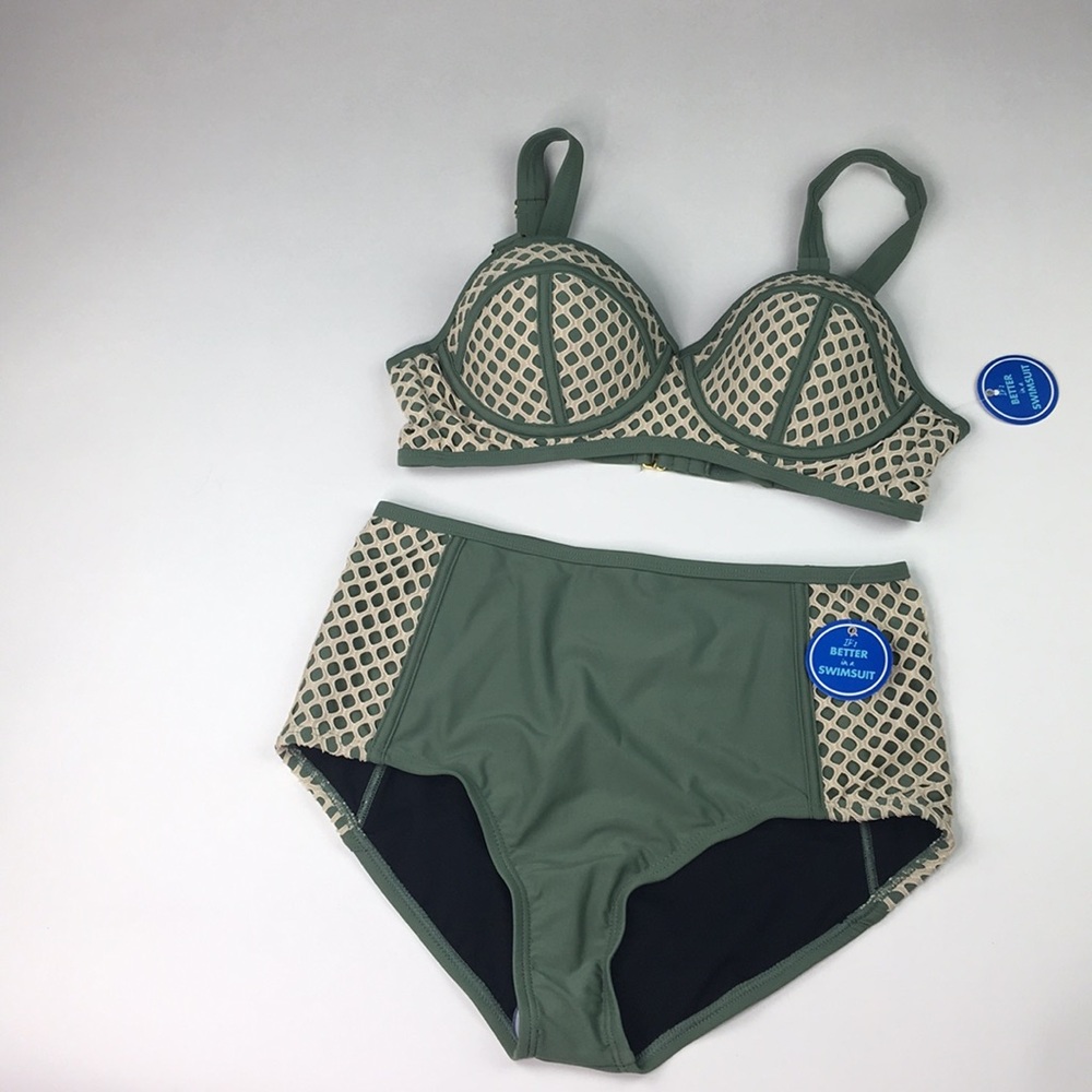 NWT Swimsuits For All high waisted Bikini green adjustable bra top flattering 14